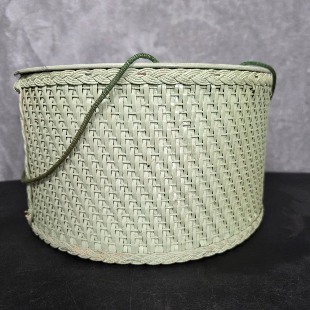 Princess 1950's Vintage Wicker Round Sewing Basket Lid Green Fair Retro Grandma